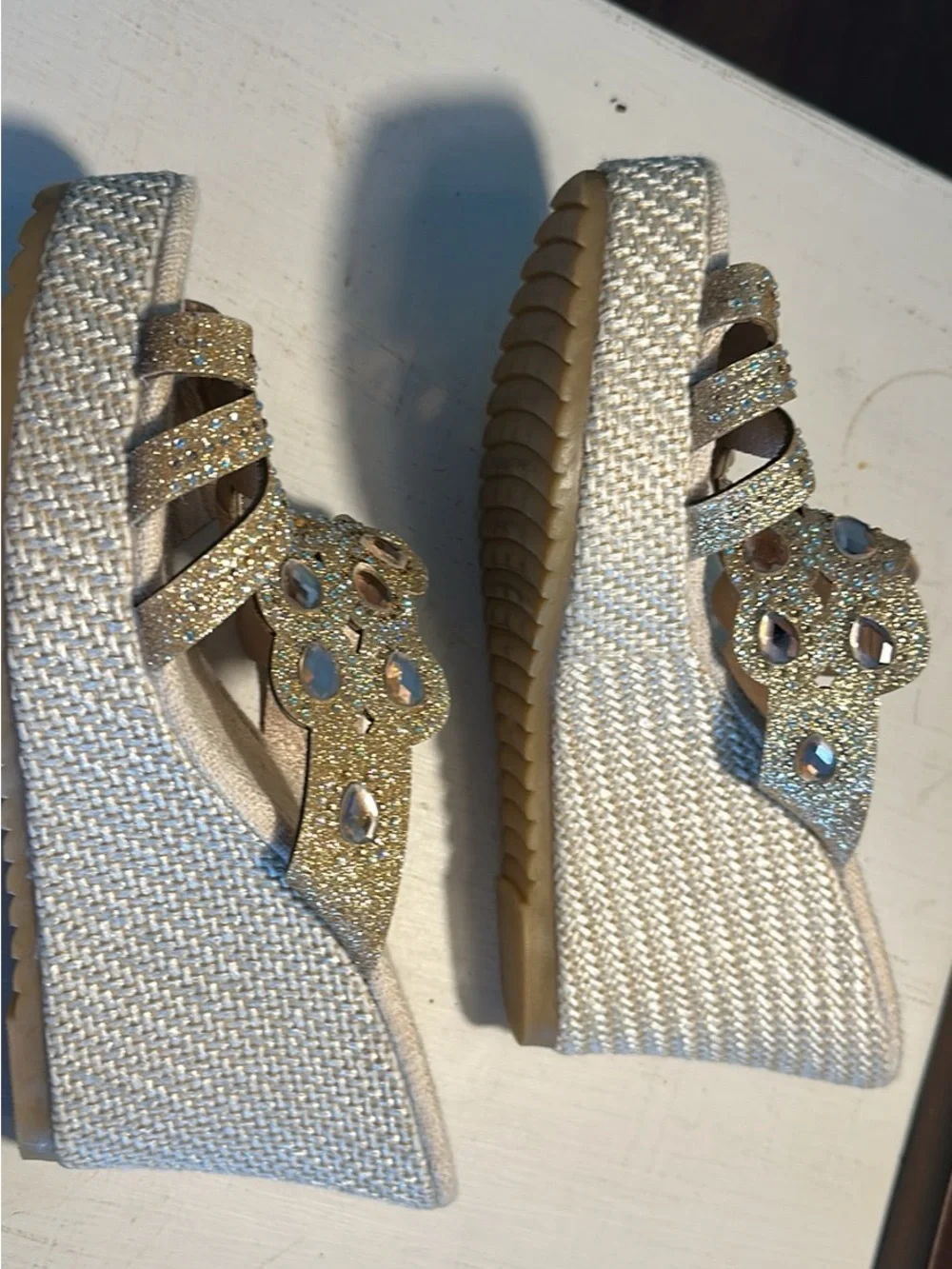 Gold Jeweled Platform Sandals - Women's Sparkle Wedge Slides